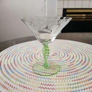 Green Twisted Stem Etched Cordials. - I think this WESTON pattern is WGL24,